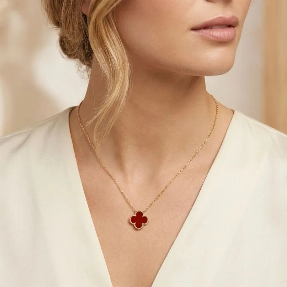 Gold Vermeil Red Carnelian Clover Adjustable Necklace Elegant Four Leaf Dainty